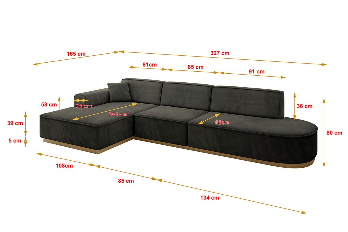 ECKSOFA Ottomane Links IREA-L2-v2 - 327x165x80 cm Schwarz - Schwarz, Holzwerkstoff/Textil (327/165cm) - ALTDECOR