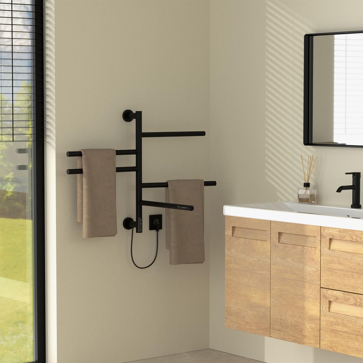 HANDTUCHWÄRMER Elektrisch Schwarz matt 75W 450x622 mm 180° drehbar - Schwarz, Metall (45/62.2/3cm) - LuxeBath