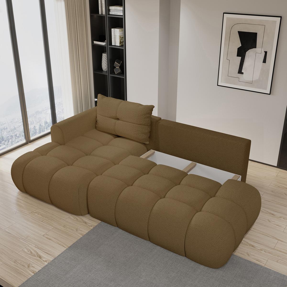 ECKSOFA FLUMA L-S Orange Boucle-Stoff mit Schlaffunktion - Orange, Holz (279/158cm) - MASSENO