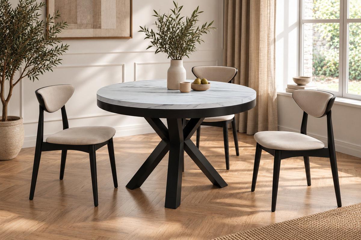 ESSTISCH Clara runder ausziehbarer, Marmor Weiß 100-180/100/76 cm - Ecru/Schwarz, Holzwerkstoff/Metall (100/180/76cm) - WFL GROUP