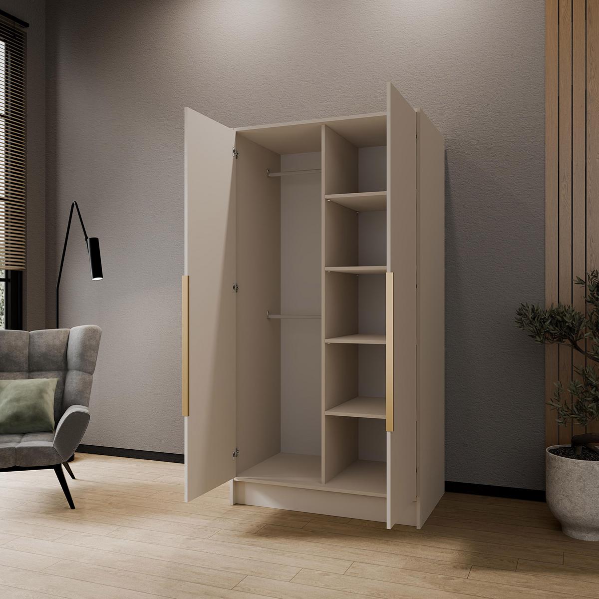 DREHTÜRENSCHRANK Laro mit Spiegel, Kaschmir mit goldenen Griffen, 100 cm - Kaschmir, Holzwerkstoff (100/200/51cm) - Beautysofa