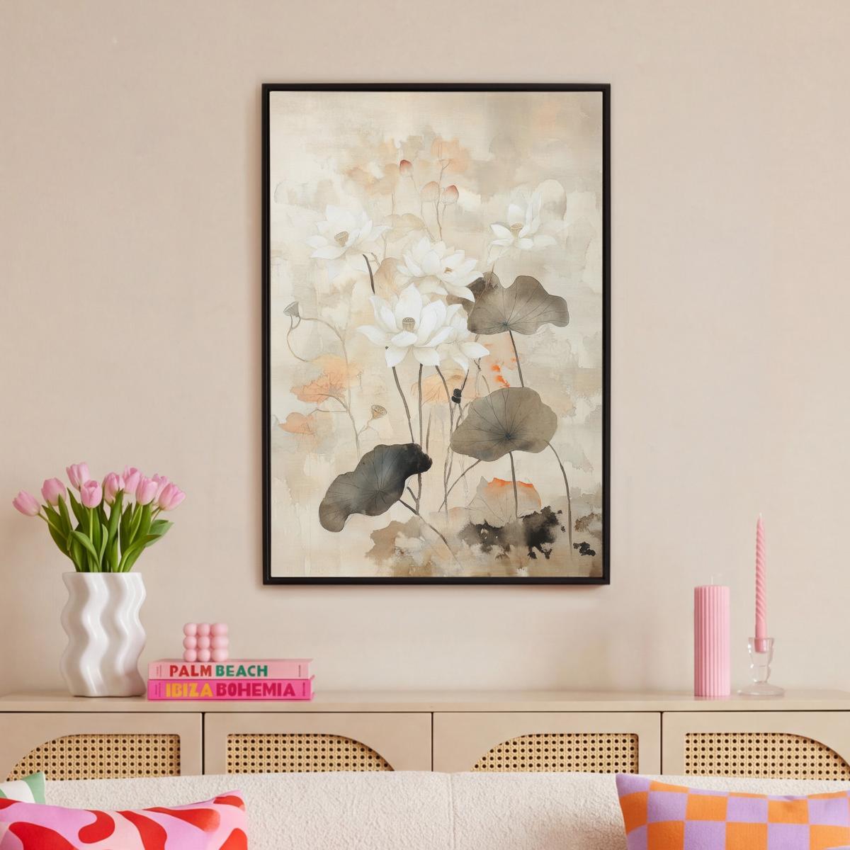 LEINWAND Bilder mit Rahmen - Blumen - Japandi - Wabi sabi - 60x90 - Sandfarben, Textil (60/90cm) - MuchoWow