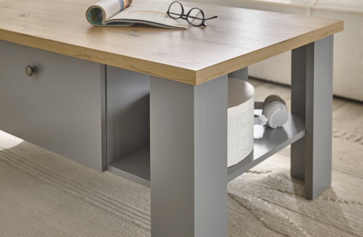 COUCHTISCH grau, Artisan Eiche Landhaus 107 x 67 cm, Beistelltisch mit Schubkästen - Silberfarben/Hellgrau, Holzwerkstoff/Metall (107/67/46cm) - Furn.Design