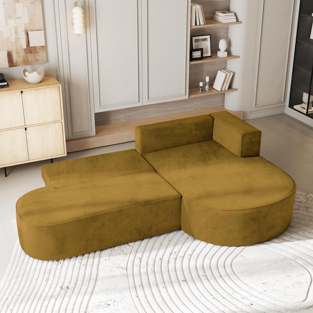 ECKSOFA CORTIO M R-S Gelb Velours-Stoff mit Schlaffunktion - Gelb/Grau, Holz/Kunststoff (265/174cm) - MASSENO