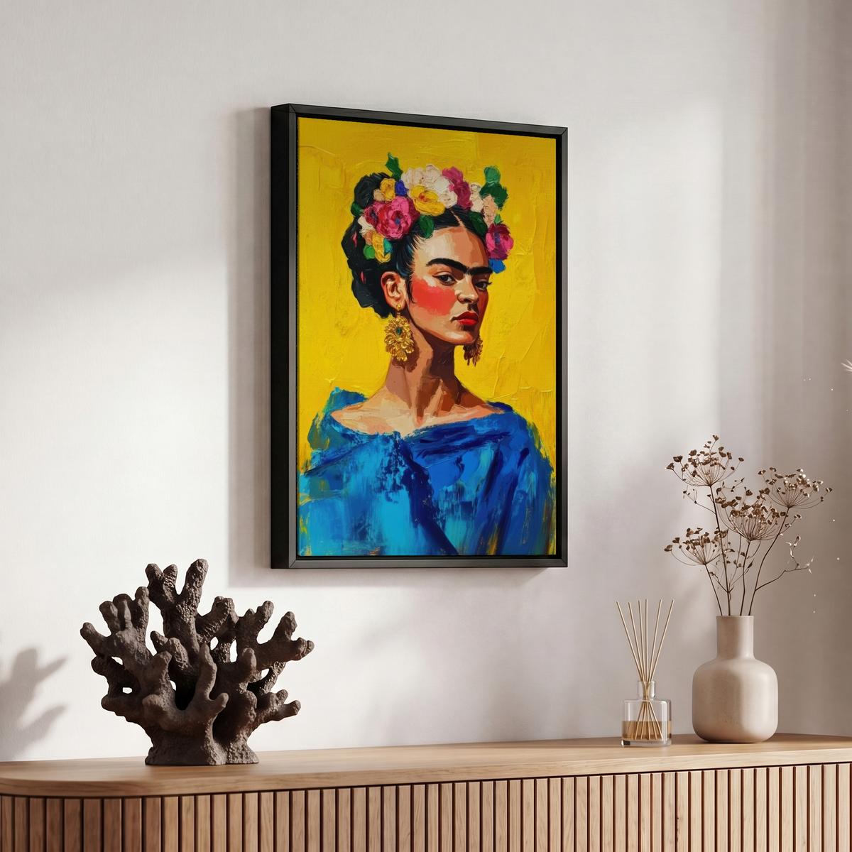 LEINWAND Bilder mit Rahmen - Frida Kahlo - Frau - Gelb - Blau - Blumen - 20x30 - Gelb, Textil (20/30cm) - MuchoWow