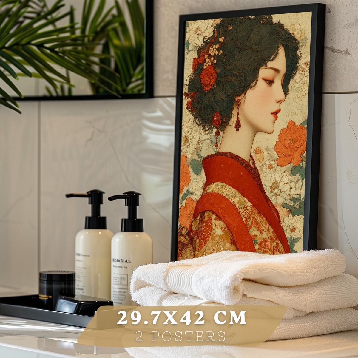 POSTER 2er-Set dekorative Badezimmer-Kunstdrucke, im japanischen Stil für Wand, Toilette mit orientalischem Drachen und Frau Schwarzer Rahmen A3 - Schwarz, Papier (42/29.7/3cm) - Nacnic
