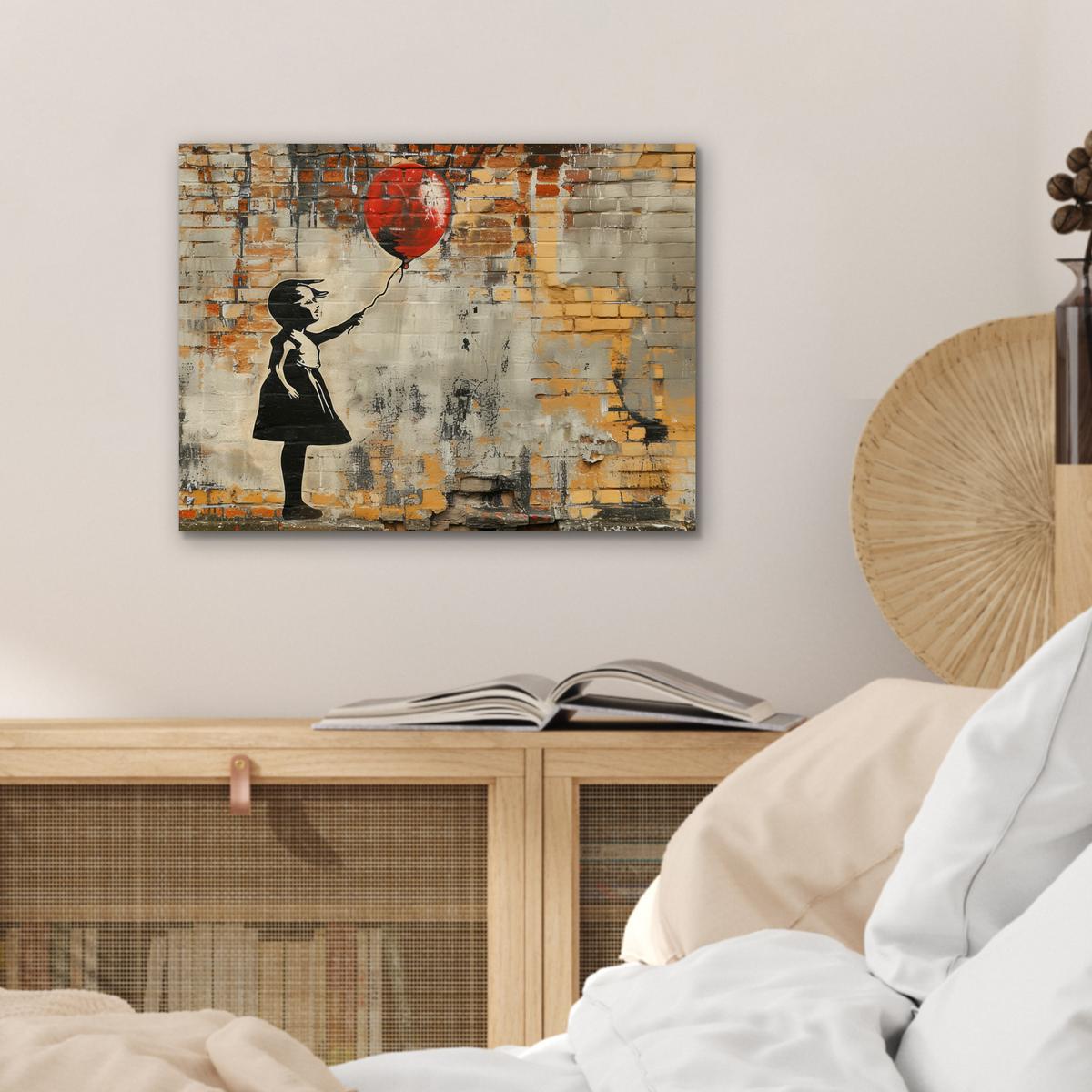 METALLBILD Graffiti - Banksy - Mädchen - Straßenkunst 40x30 cm - Sandfarben, Metall (40/30cm) - MuchoWow