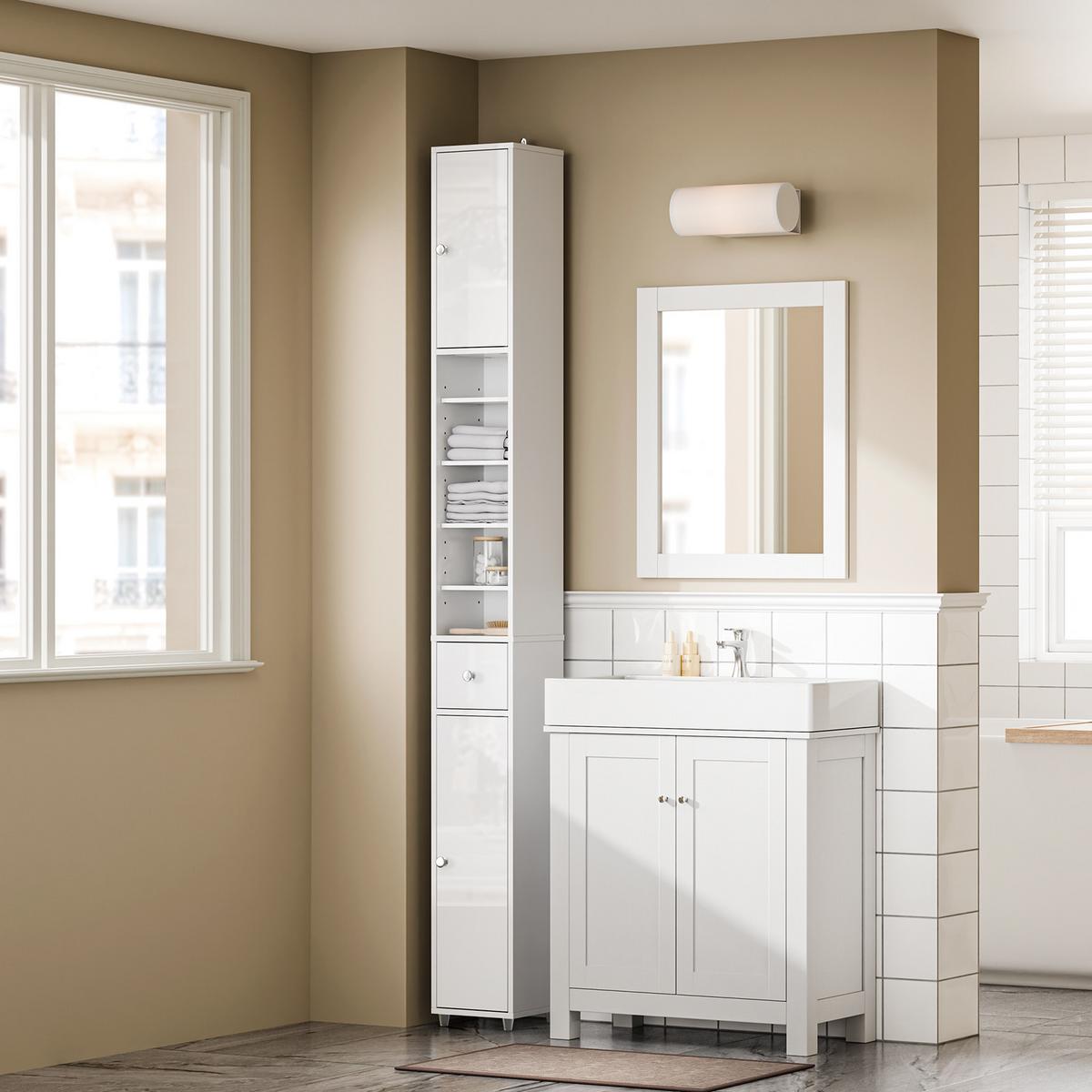 HOCHSCHRANK Weiß, Badezimmerschrank schmal 20x20x180 cm - Silberfarben/Weiß, Holzwerkstoff (20/180/20cm) - SoBuy