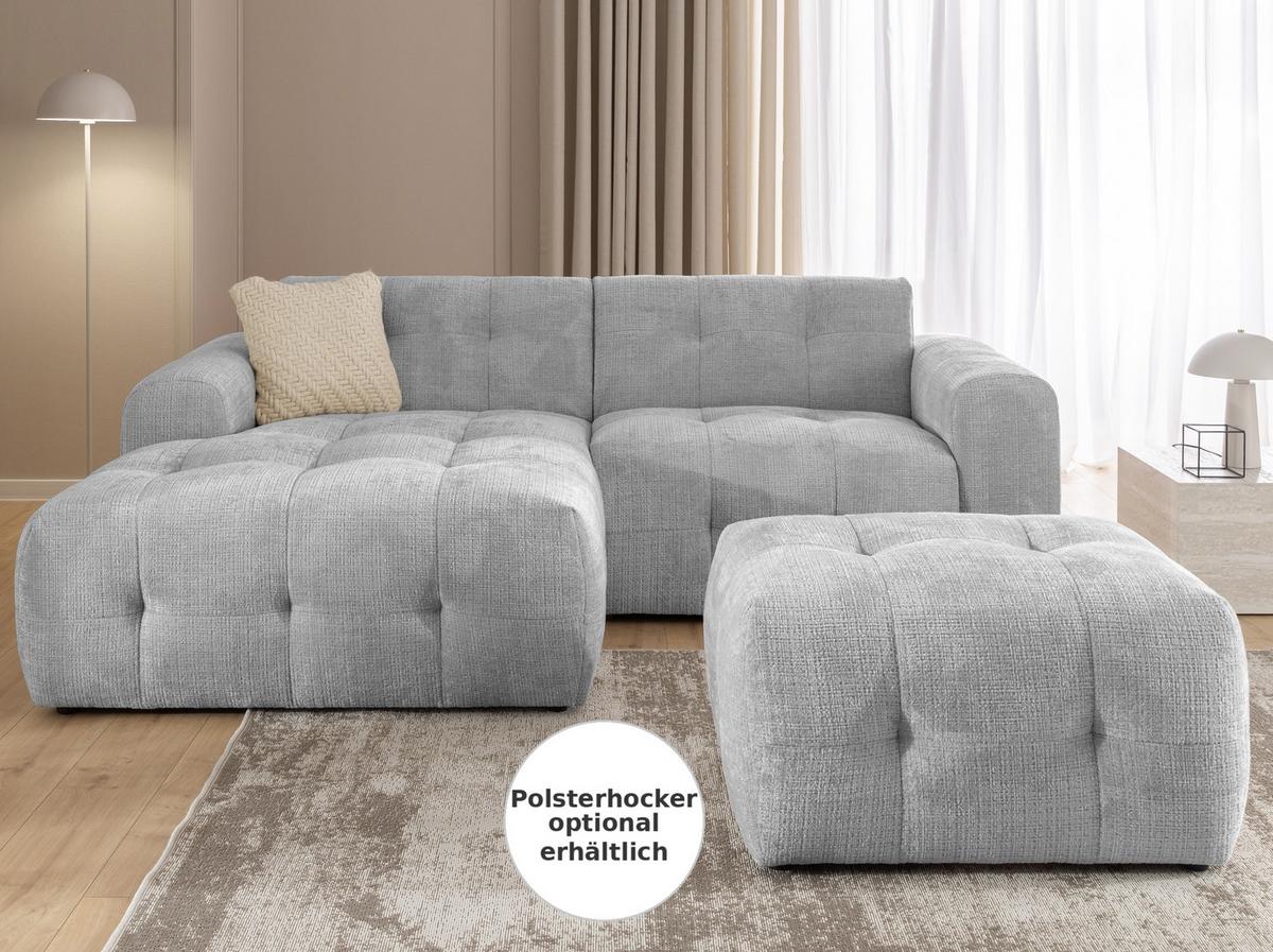 ECKSOFA mit Ottomane links, raffinierten Steppungen, Wellenunterfederung, B234/T161/H79 cm, Chenille-Bezug in Hellgrau / 21044 - Hellgrau/Schwarz, Kunststoff/Textil (234/79/161cm) - luma-home