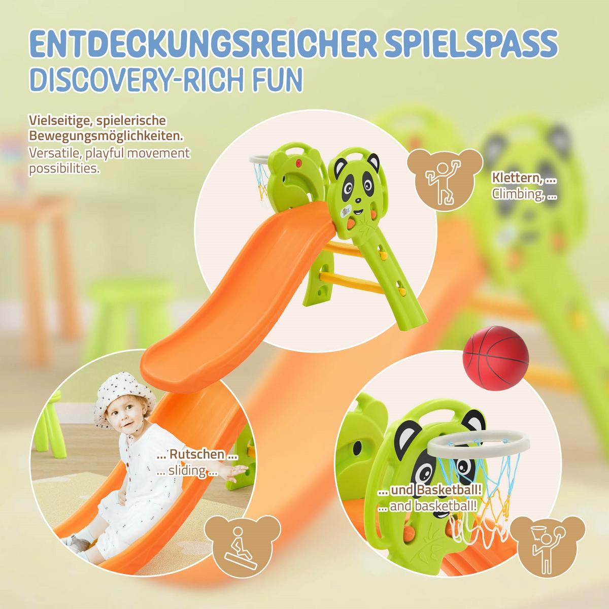 KINDERRUTSCHE 2 in 1 Kleinkinderrutsche mit Basketballkorb Grün-Orange - Orange, Kunststoff (114/87/68cm) - Joyz