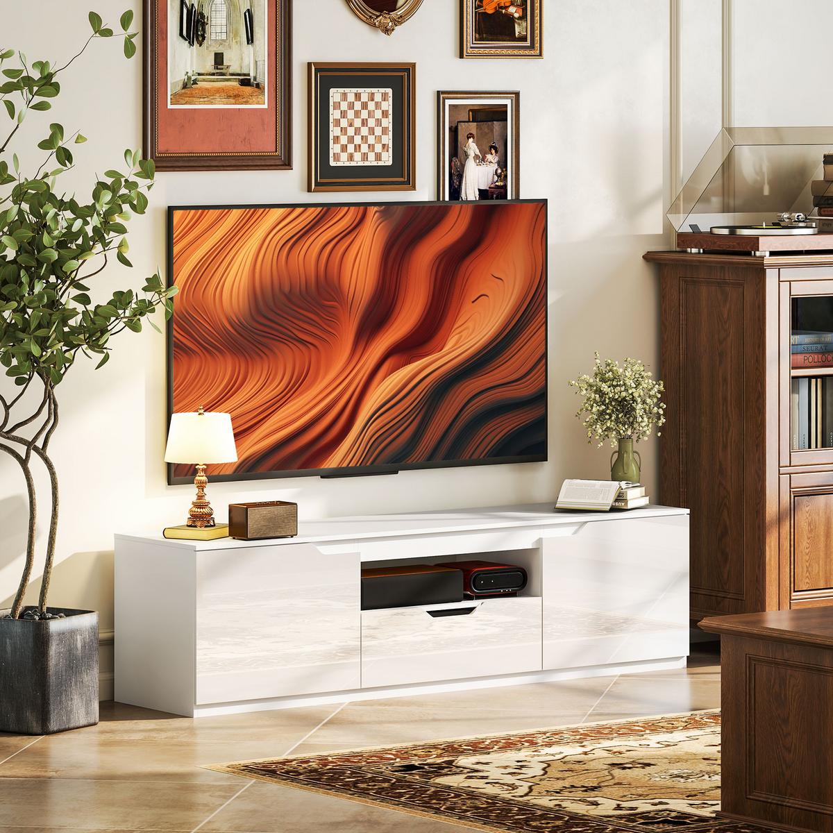 HOCHGLANZ TV-Lowboard für Fernseher bis 65 Zoll, 3 Fächer, Schublade, Weiß - Weiß Hochglanz/Weiß, Holzwerkstoff (38/43/160cm) - HOMCOM