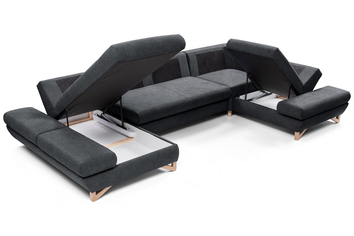 WOHNLANDSCHAFT CASA IV R-S Anthrazit Plüsch-Stoff mit Schlaffunktion - Anthrazit, Holz (344/100/199cm) - MASSENO