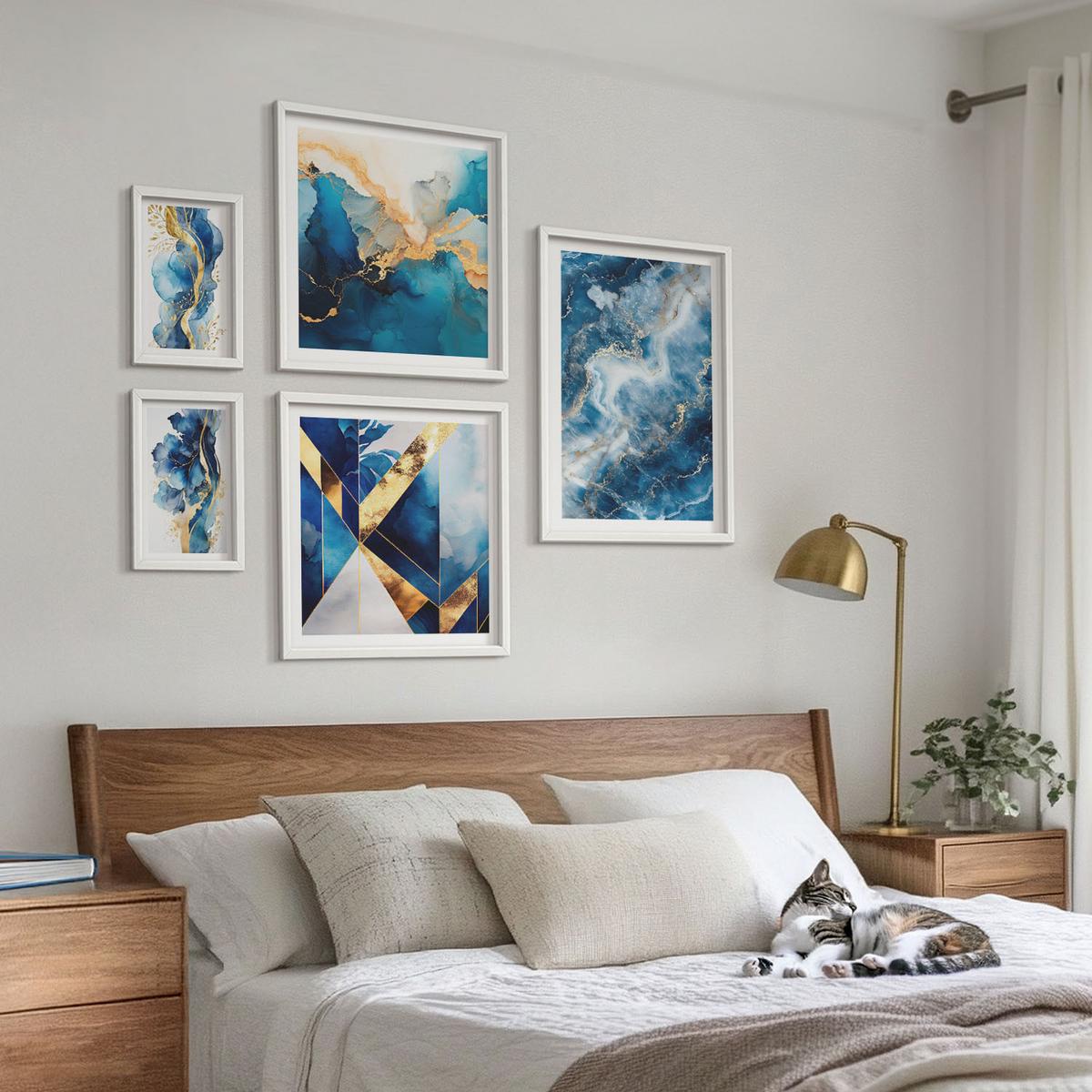 BILDER SET 5er Set - 50x50 cm & 20x30 cm & 40x60 cm Weißer Rahmen - Blaue abstrakte Muster - Weiß, Kunststoff (40/60cm) - TULUP