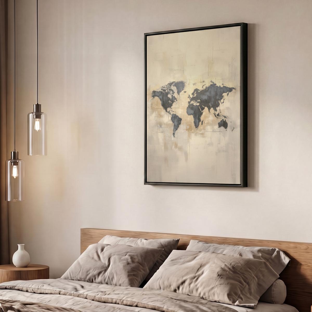 LEINWAND Bilder mit Rahmen - Weltkarte - Gold - Schwarz - Abstrakt - 50x70 - Kupferfarben, Textil (50/70cm) - MuchoWow