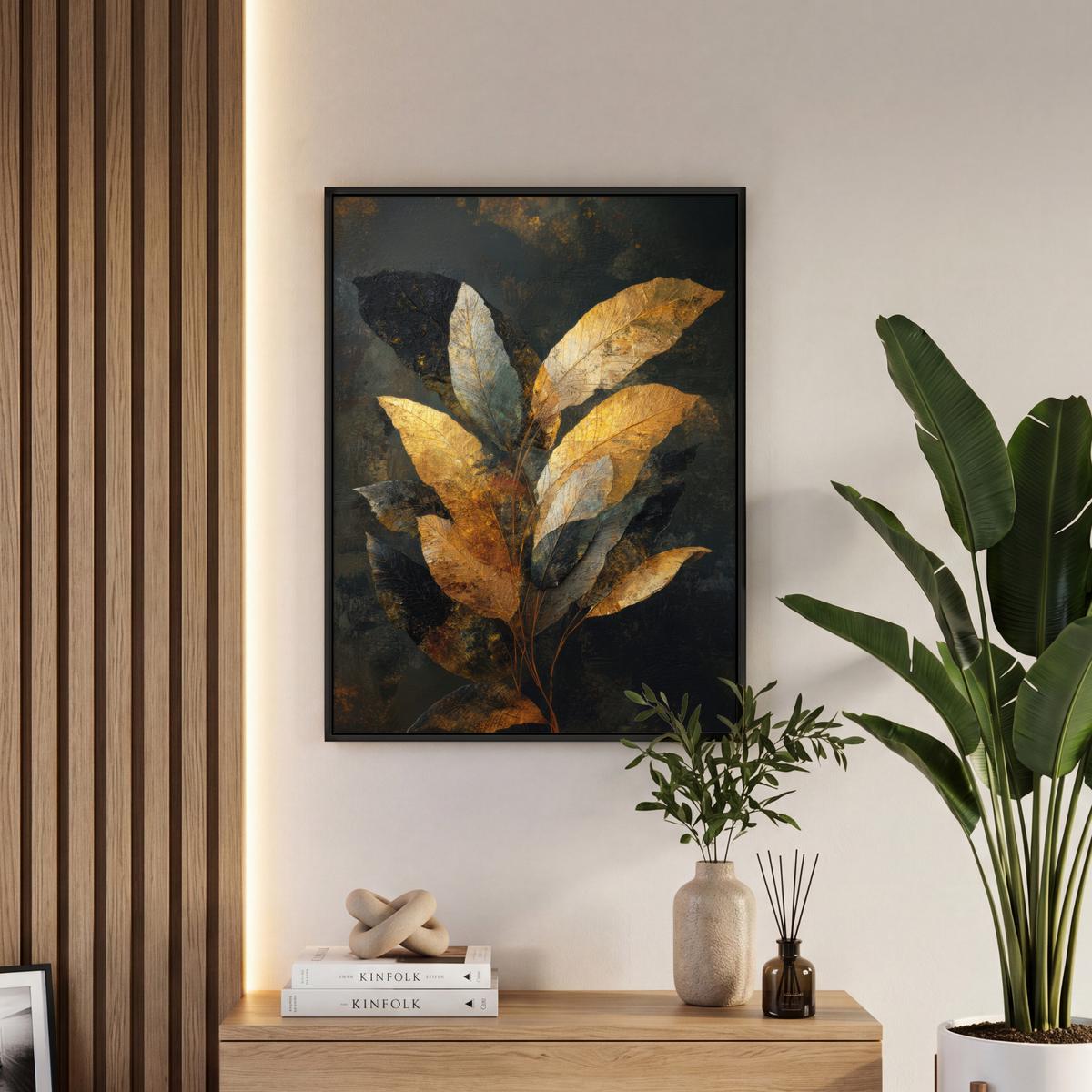 LEINWAND Bilder mit Rahmen - Golden Leaf Komposition - Botanical Luxury - 50x70 - Goldfarben, Textil (50/70cm) - MuchoWow