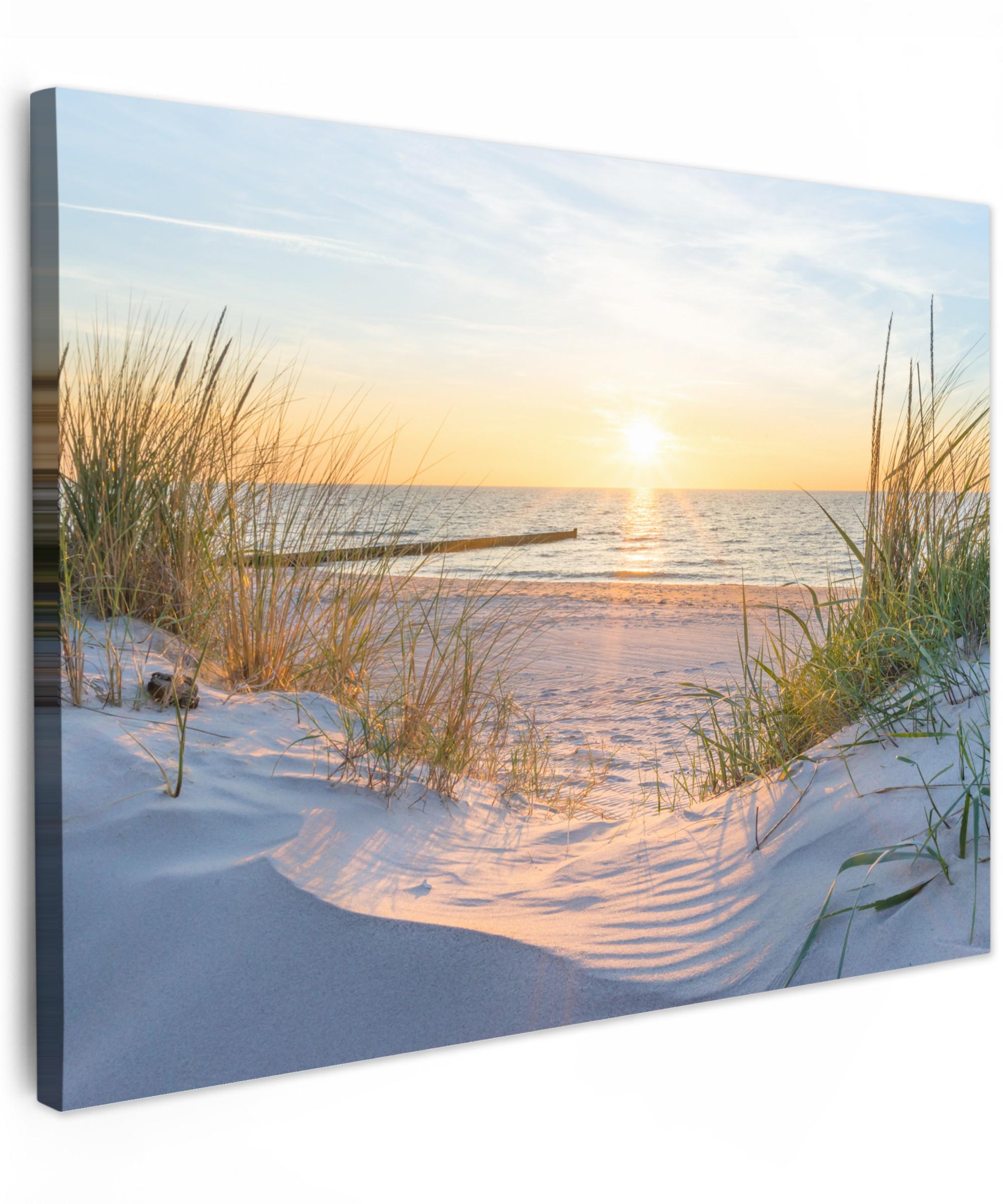 LEINWANDBILD Strand - Sonne - Düne - Gras - Sand - Horizont Wandbild 40x30 cm - Hellblau, Textil (40/30cm) - MuchoWow