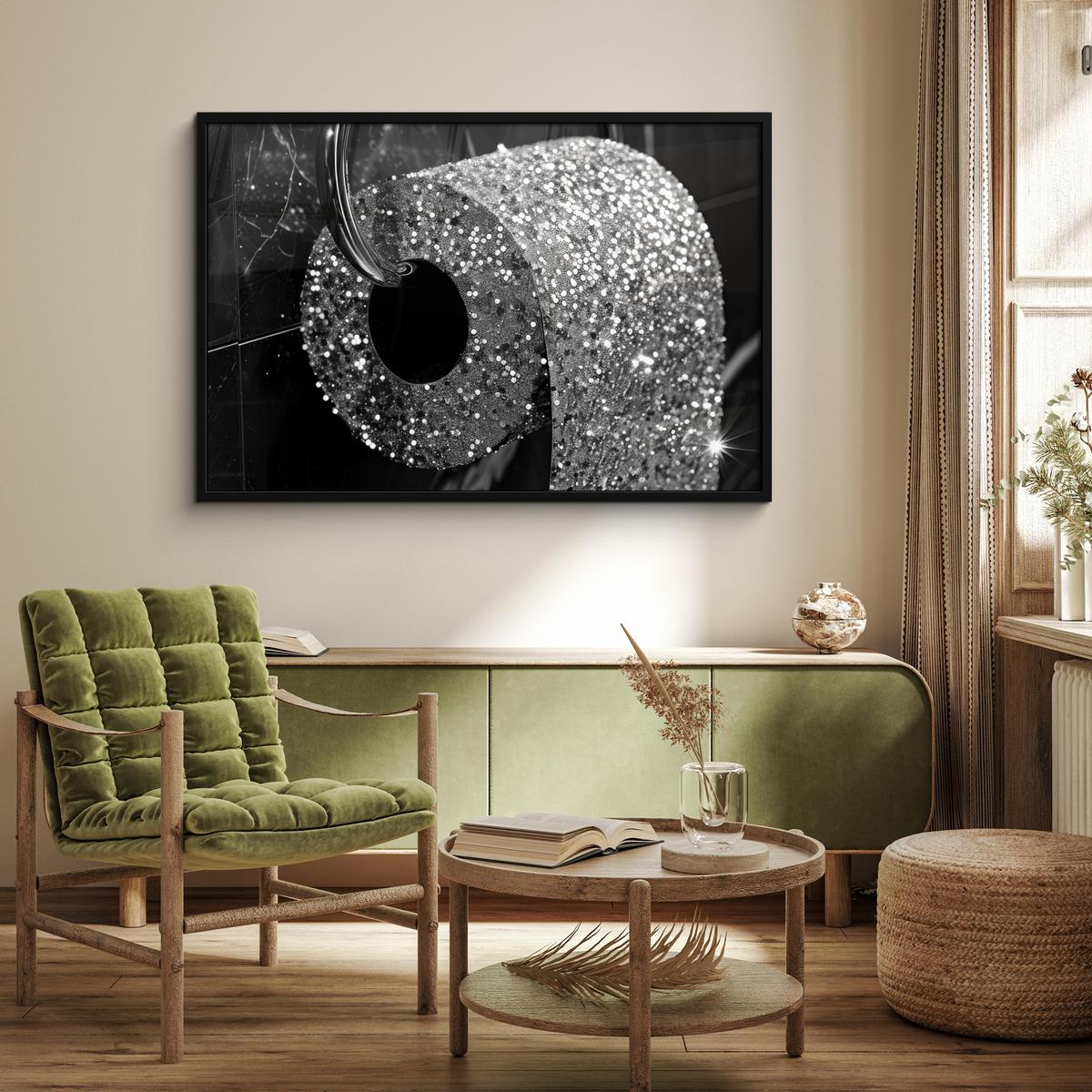 POSTER MIT RAHMENGERAHMTES BILD WC - Toilettenpapier - Schwarz und weiß - Glitter 120x80 cm - Silberfarben, Papier (120/80cm) - MuchoWow