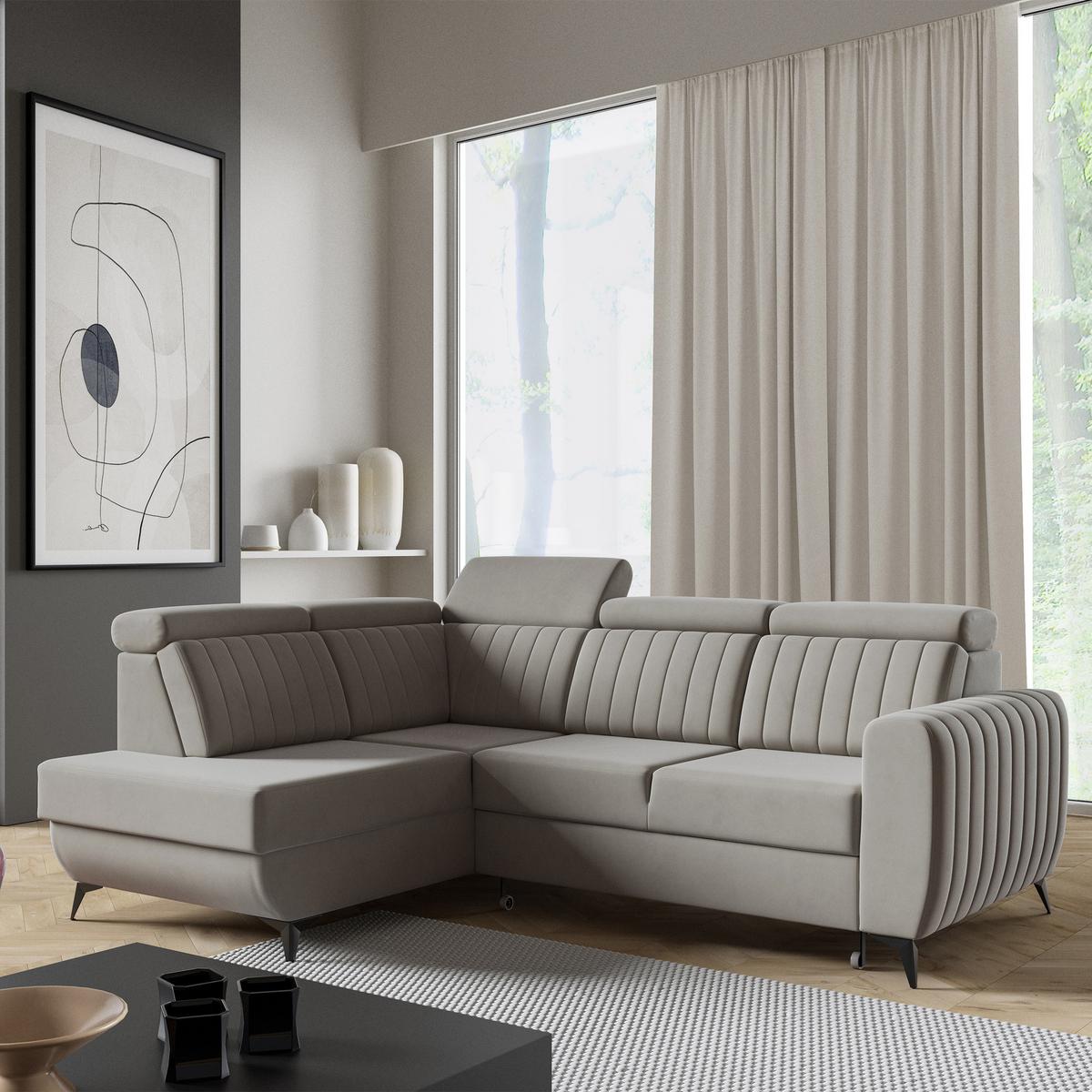 ECKSCHLAFSOFA Connor II verstellbare Kopfstützen, Dunkelbeige, links - Beige/Schwarz, Textil (268/204cm) - Beautysofa