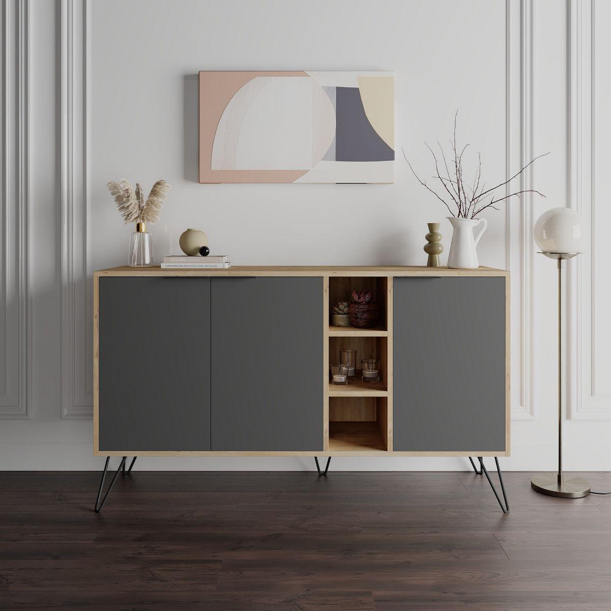 SIDEBOARD 3 Nischen und 3 Türen L142 cm - Clara - Anthrazit, Holzwerkstoff (35.6/83/15cm) - Calicosy