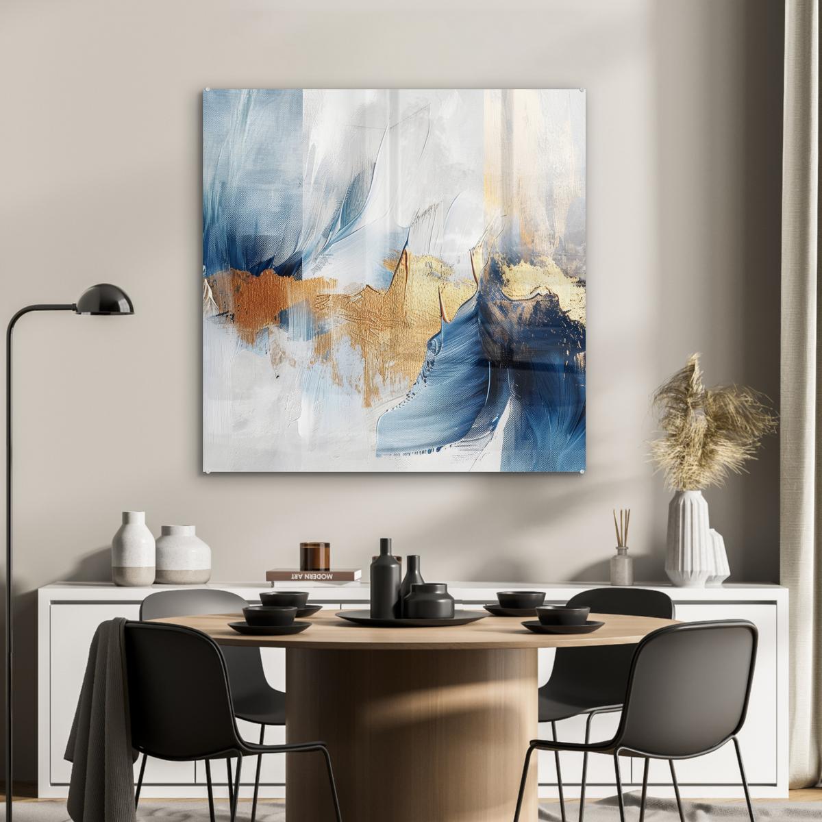 ACRYLGLASBILD Gold - Blau - Aquarell - Kunst - Modern 90x90 cm - Hellblau, Glas (90/90cm) - MuchoWow