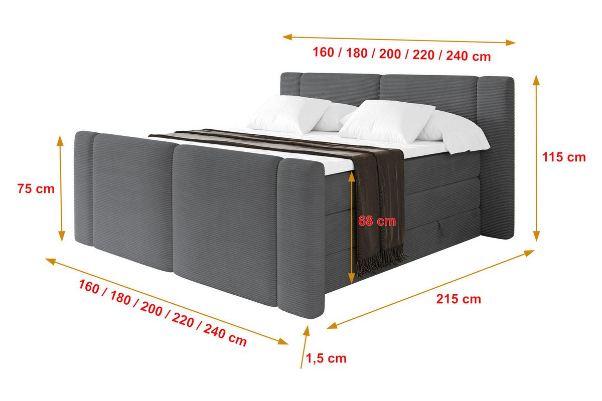 BOXSPRINGBETT mit Matratze H3/H4 - EVON KING Zanozek - 180x200 cm Dunkelgrau - Graphitfarben, Holzwerkstoff (180/200cm) - ALTDECOR