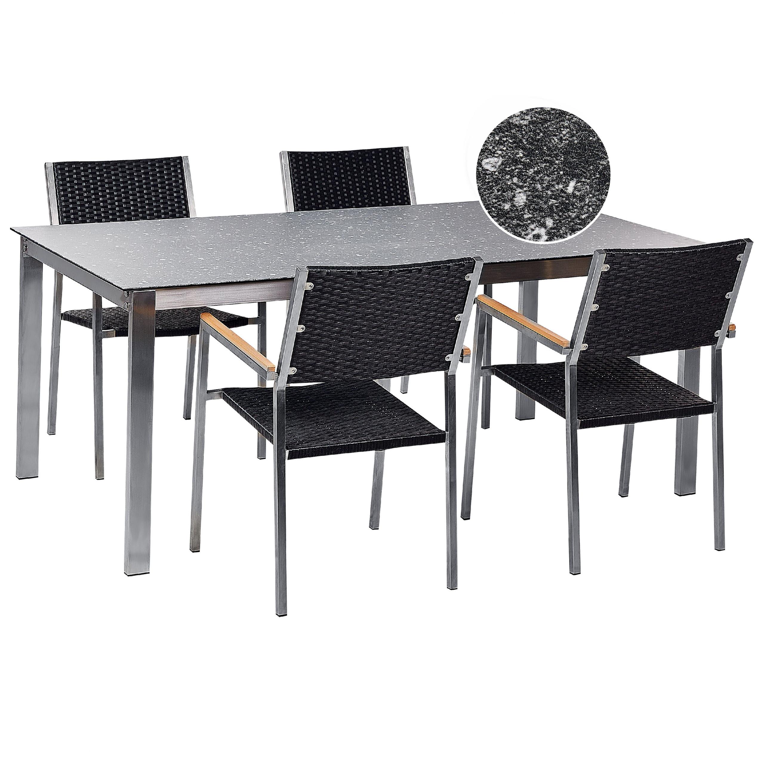 GARTENMÖBEL SET 4-Sitzer Keramik-Glas Granit Optik Rattan Schwarz Cosoleto/Grosseto - Schwarz, Glas - Beliani