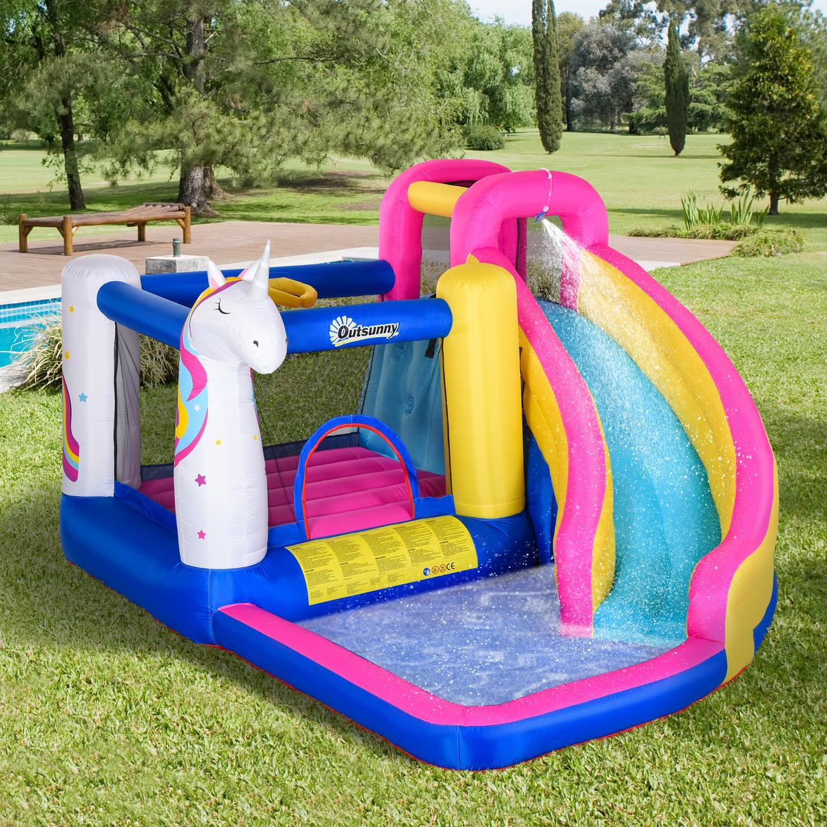HÜPFBURG mit Rutsche aufblasbare Spielburg mit Gebläse Wasserpark für Kinder - Multicolor, Textil (360/305/210cm) - Outsunny
