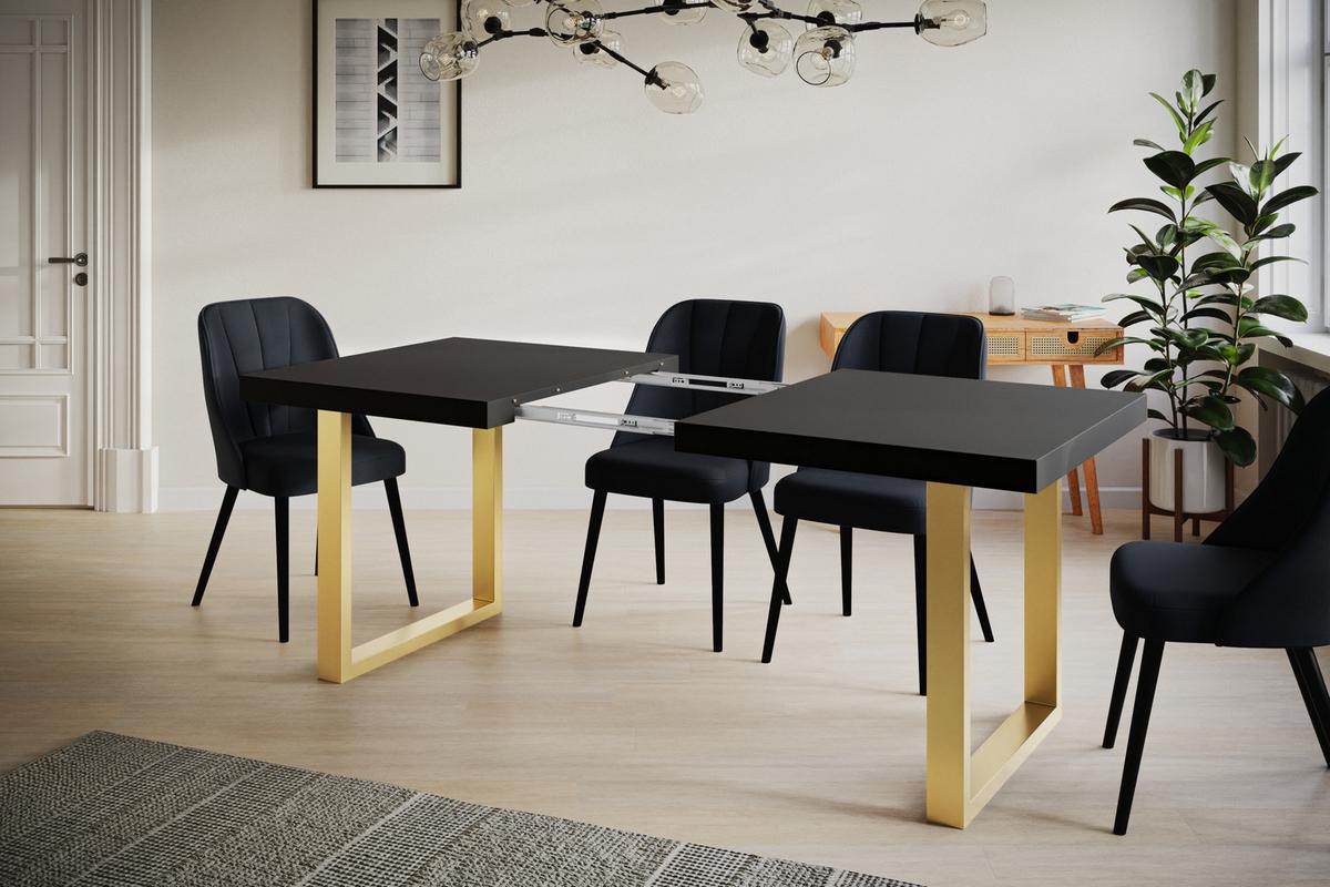 INDUSTRIELLER Esszimmertisch LOFT-U, ausziehbarer Tisch, Größe: 140-240X80X77 cm, Wohnzimmertisch Farbe: Schwarz, mit Metallbeinen in Farbe Gold - Goldfarben/Schwarz, Holzwerkstoff (140/80/77cm) - Alpi-Möbel