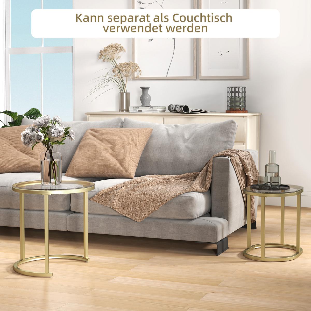 COUCHTISCH rund 2er Set Stapelbarer Beistelltisch mit Stahlrahmen für Wohnzimmer - Goldfarben, Metall (50/50/50.5cm) - HOMCOM