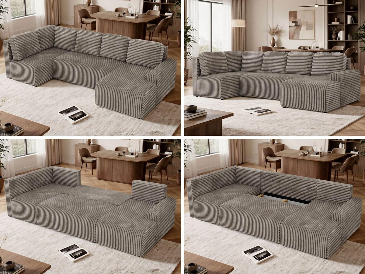 WOHNLANDSCHAFT NESSARO COR U Hellbraun Cord - Links Seite - Hellbraun/Schwarz, Kunststoff/Textil (307/92/151cm) - MKS