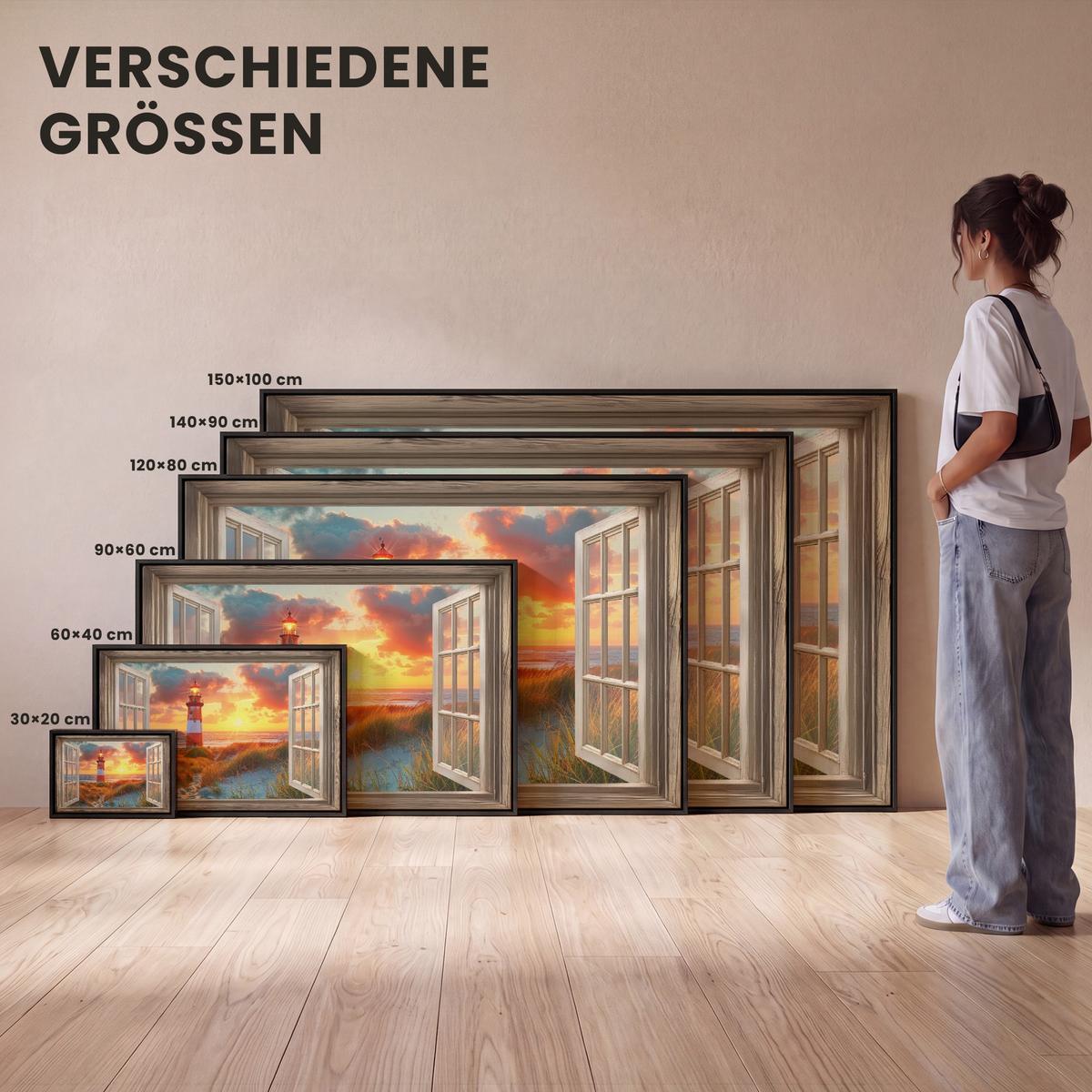 LEINWAND Bilder mit Rahmen - Aussicht - Fenster - Leuchtturm - Sonnenuntergang - Strand - 150x100 - Dunkelorange, Textil (150/100cm) - MuchoWow