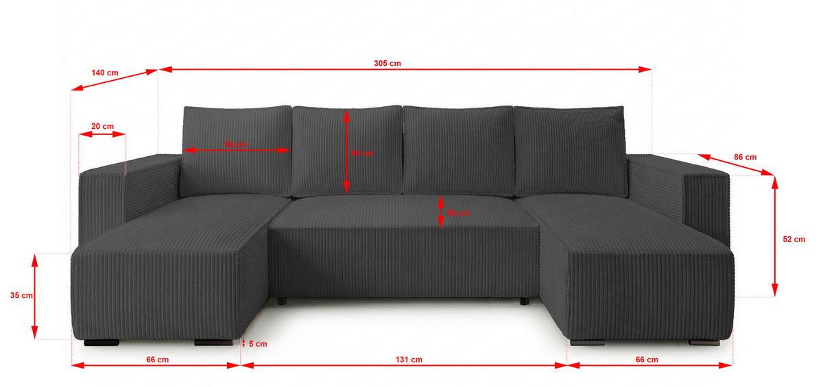 WOHNLANDSCHAFT CUDDY U mit Schlaffunktion und Bettkasten, Farbe: Dunkelgrau, Cordstoff - Dunkelgrau, Textil (305/85/140cm) - Storez24