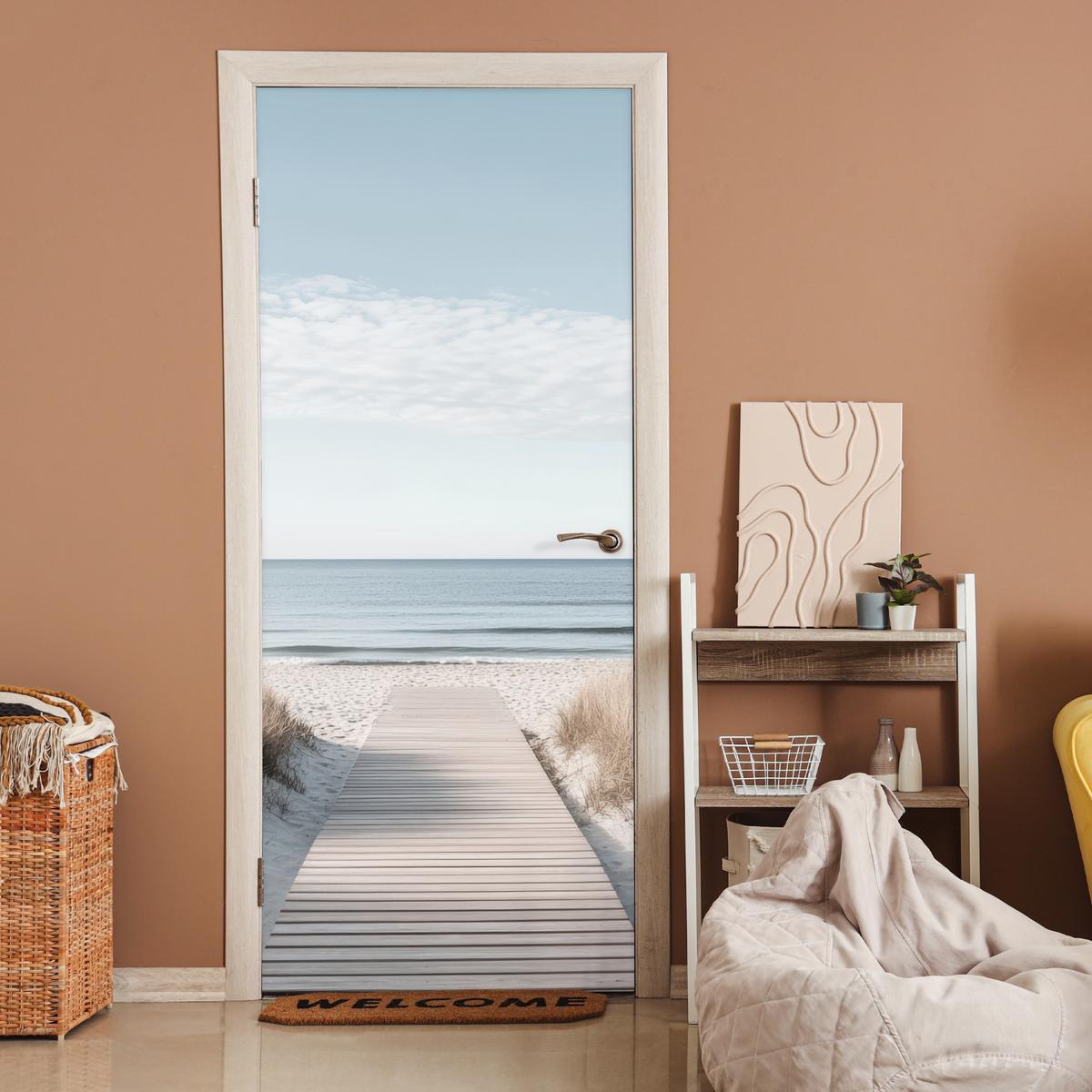 TÜRAUFKLEBER Pfad - Strand - Dünen - Natur 90x215 cm - Türtapete - Hellgrau, Kunststoff (90/0.1cm) - MuchoWow