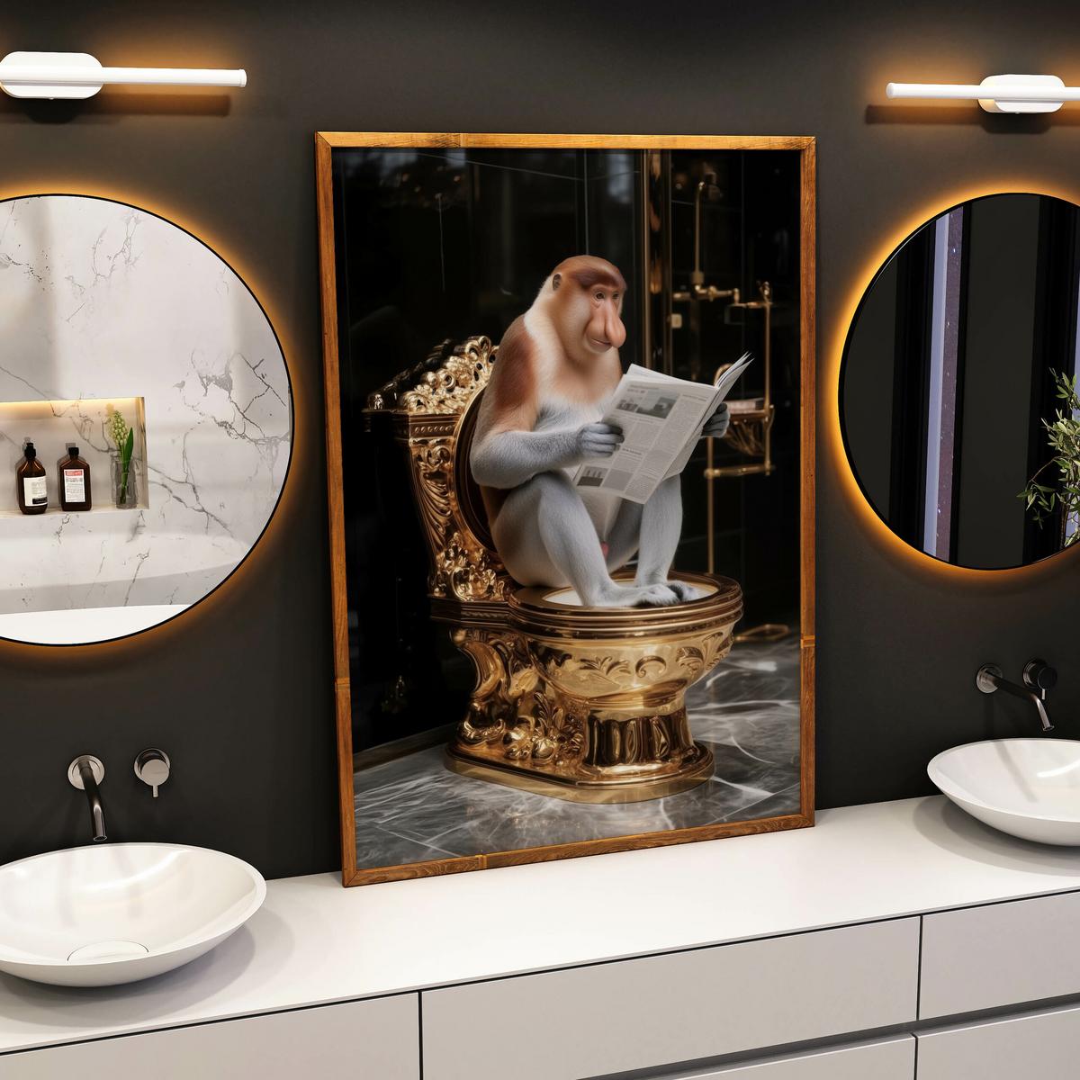 POSTER für WC Badezimmer NASENAFFE mit einer Zeitung Goldene Toilette Abstraktion 50x70cm - Gelb/Schwarz, Papier (50/70/70cm) - Muralo