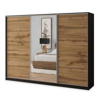 SCHWEBETÜRENSCHRANK SORE 235/205/58 cm 3-türig mit Spiegel und Schubladen Schwarz / Eiche Wotan - Eiche Wotan/Silberfarben, Holzwerkstoff (235/205/58cm) - MASSENO