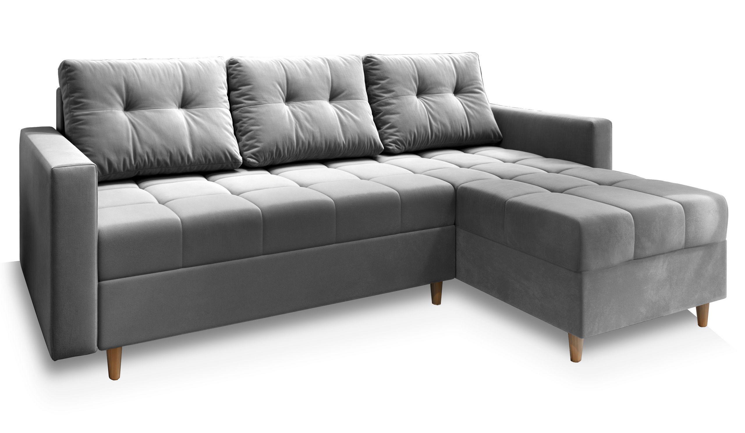 ECKSOFA MILO L Hellgrau Plüsch-Stoff mit Schlaffunktion - Hellgrau/Braun, Holz/Textil (220/140cm) - MASSENO