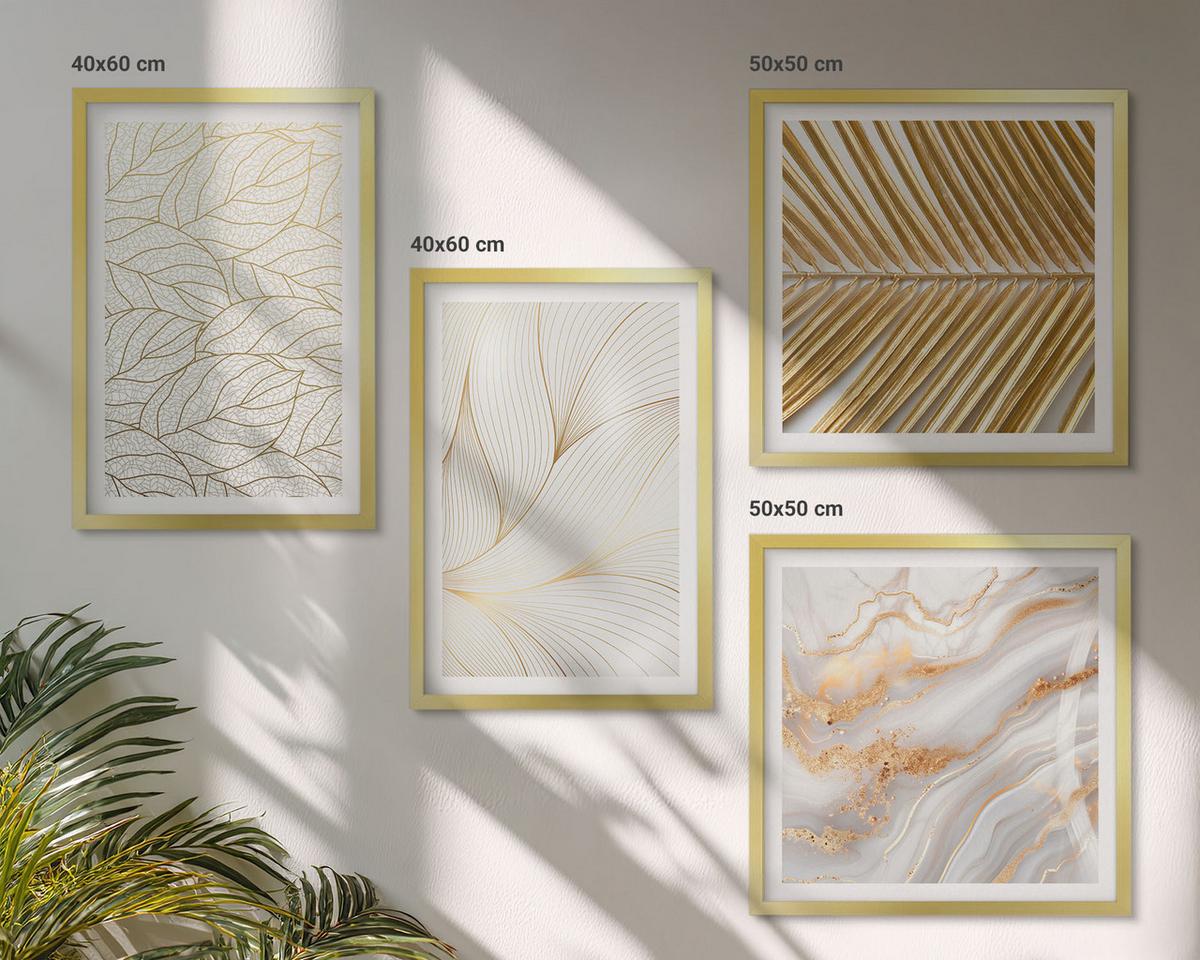 BILDER SET 4er Set - 50x50 cm & 40x60 cm Goldrahmen - Blattmuster Marmor abstrakt - Goldfarben, Kunststoff (50/50cm) - TULUP