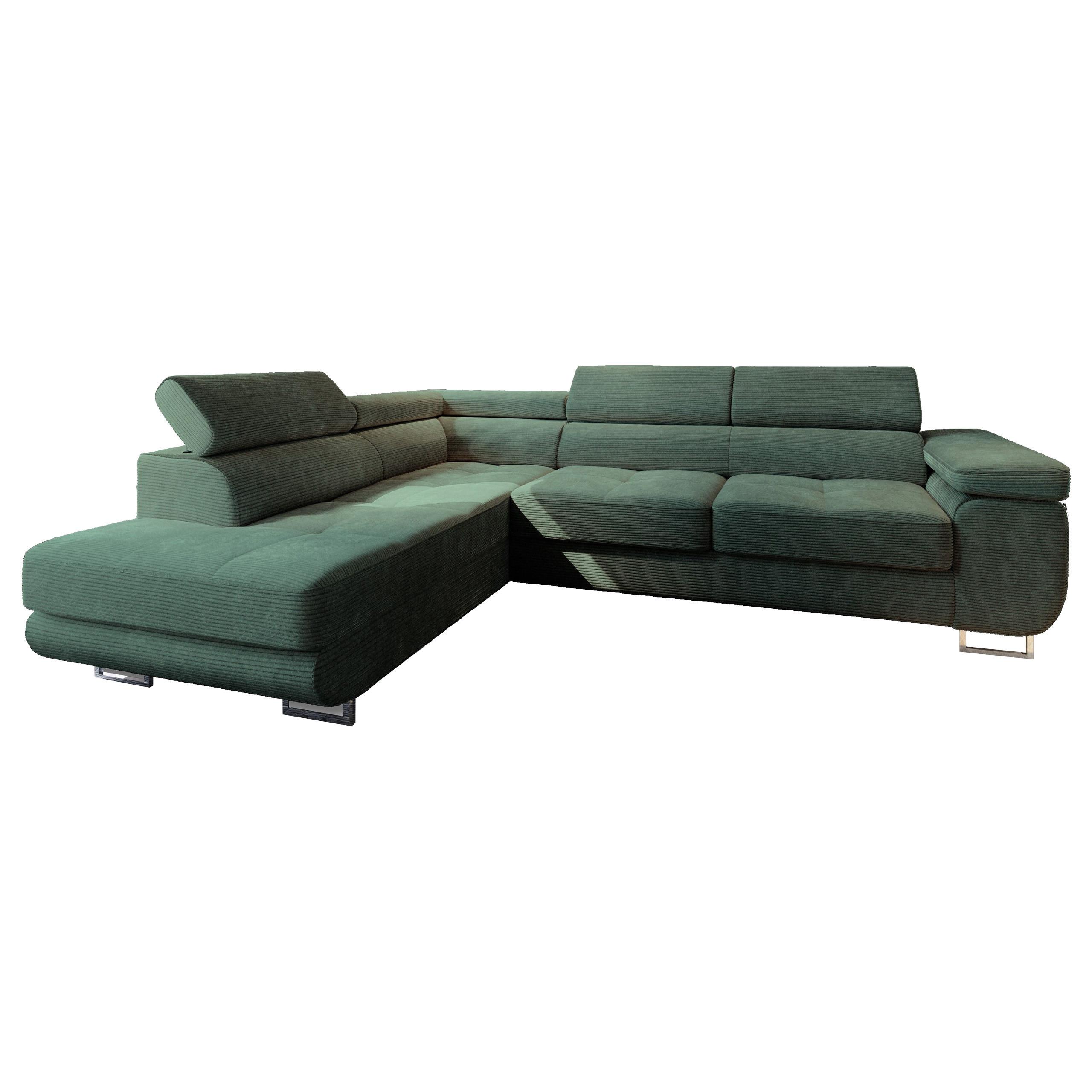 ECKSOFA APIRO L-S Grün Kordstoff mit Schlaffunktion - Silberfarben/Grün, Holz/Textil (276/202cm) - MASSENO