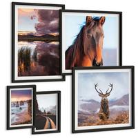 BILDER SET 5er Set - 50x50 cm & 20x30 cm & 40x60 cm Schwarzer Rahmen - Berglandschaften, Rentiere, Pferdestraße - Schwarz, Kunststoff (40/60cm) - TULUP