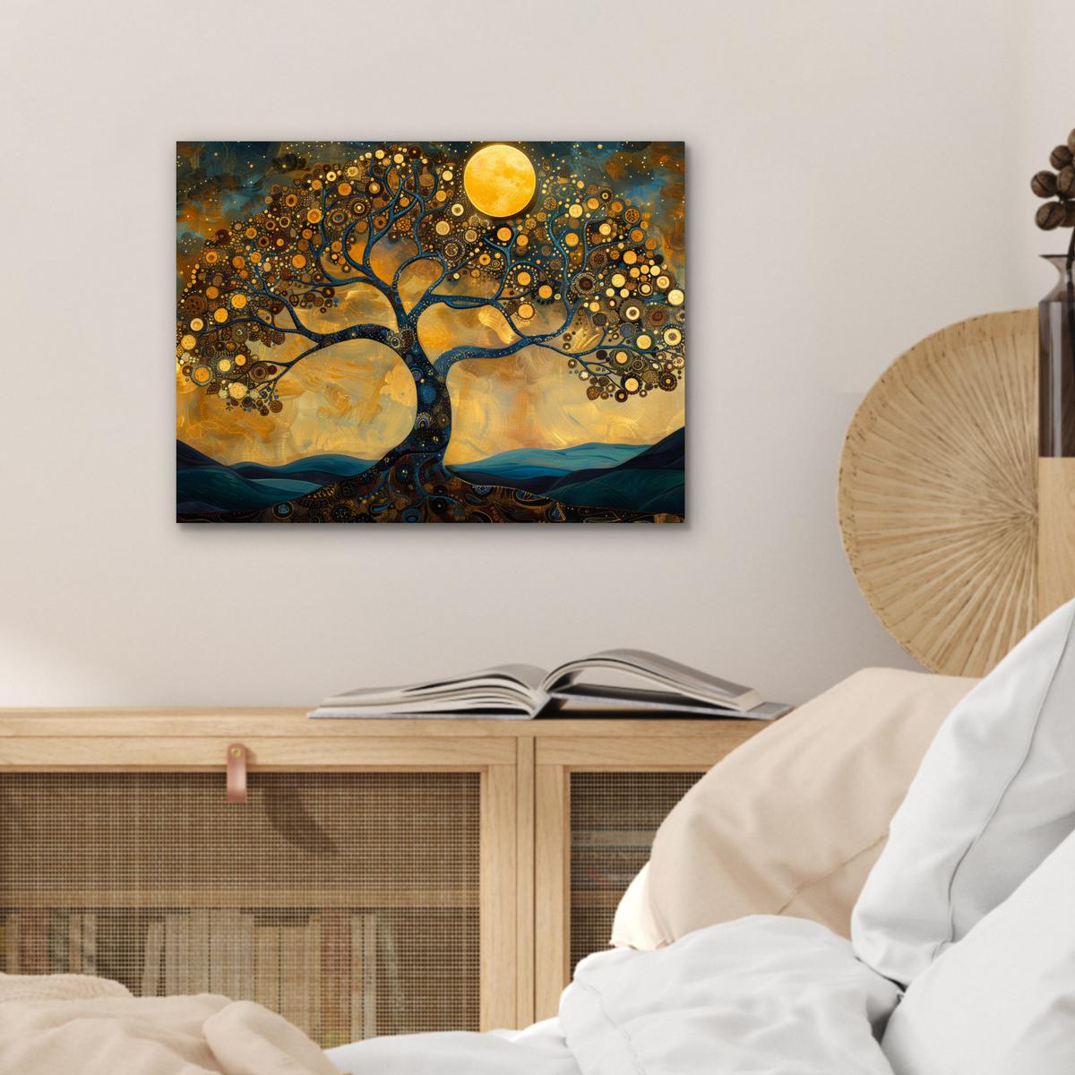 METALLBILD Baum - Mond - Blumen - Gold - Kunst 40x30 cm - Orange, Metall (40/30cm) - MuchoWow