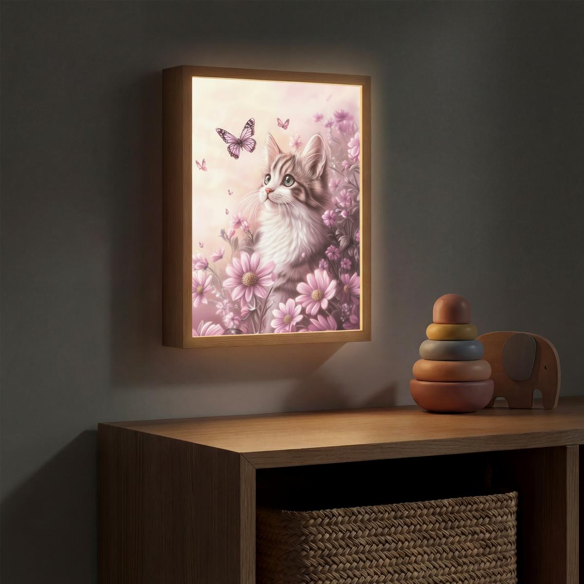 WANDLEUCHTE MIT AKKU Kätzchen - Blumen - Schmetterlinge - Lila 30x40 cm - Altrosa, Holzwerkstoff (30/40/8cm) - OnlyWow