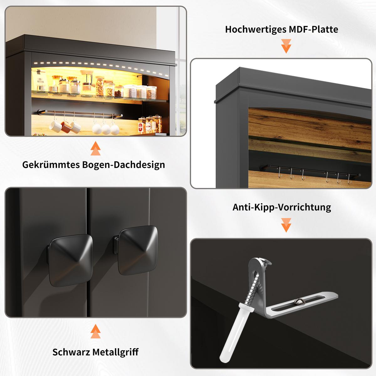 BUFFETSCHRANK Schwarz 107x43x184 cm mit LED-Beleuchtung - Schwarz, Holzwerkstoff (107/184/43cm) - Urban Meuble