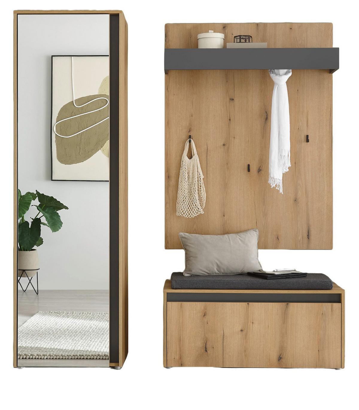 GARDEROBEN-SET 4-teilig Evoke Eiche, grau 170 cm, Garderobe inklusive Sitzkissen - Eichefarben/Schwarz, Glas/Holzwerkstoff (170/200/40cm) - Furn.Design