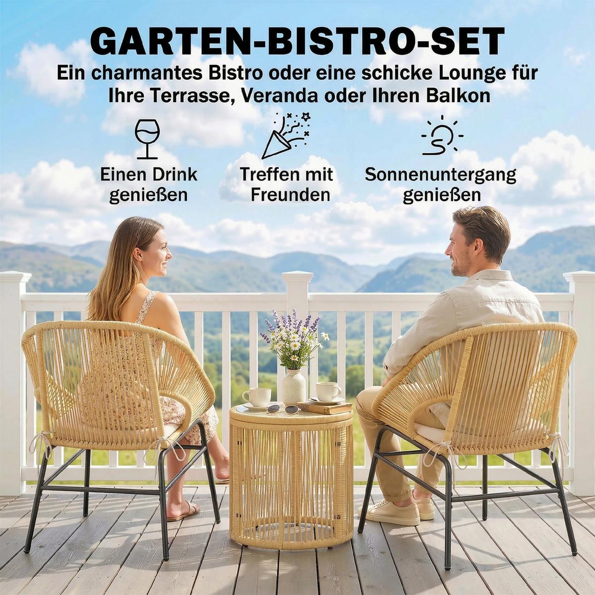 BISTROSET 3-teilig aus Stahl PE-Rattan Beige - Beige, Textil/Metall - Outsunny