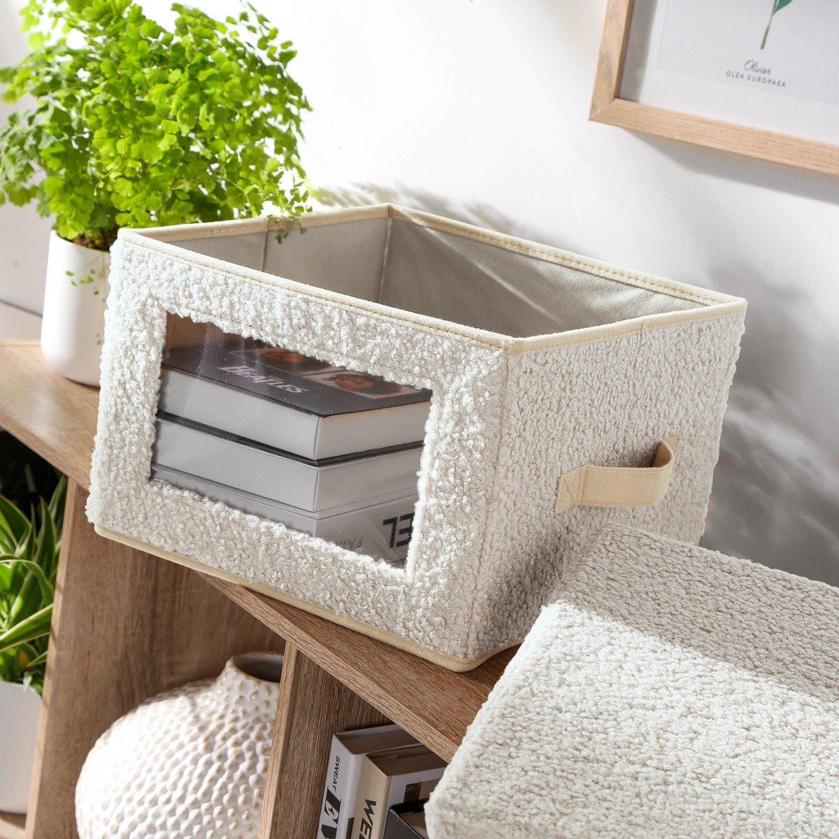 AUFBEWAHRUNGSBOX aus bouclé-stoff in ecru mit fenster -40/28/30 cm - Beige, Textil (40/28/30cm) - Calicosy
