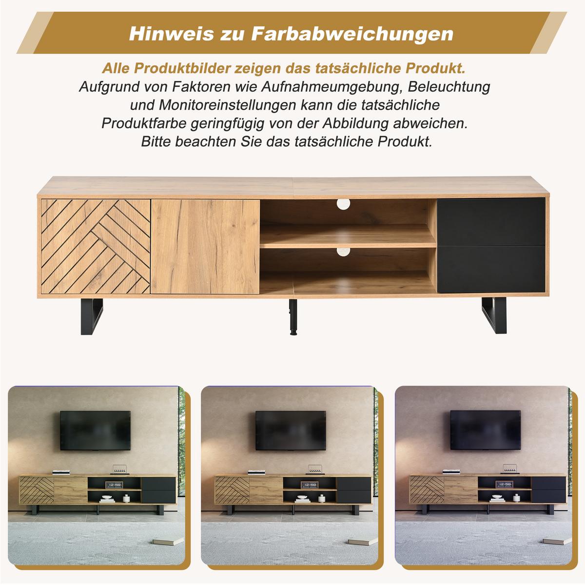 TV-LOWBOARD 180cm Holzoptik & Schwarz für 75-Zoll TV mit 2 Schubladen & Metallbeinen - Naturfarben, Holzwerkstoff (180/50/40cm) - Urban Meuble