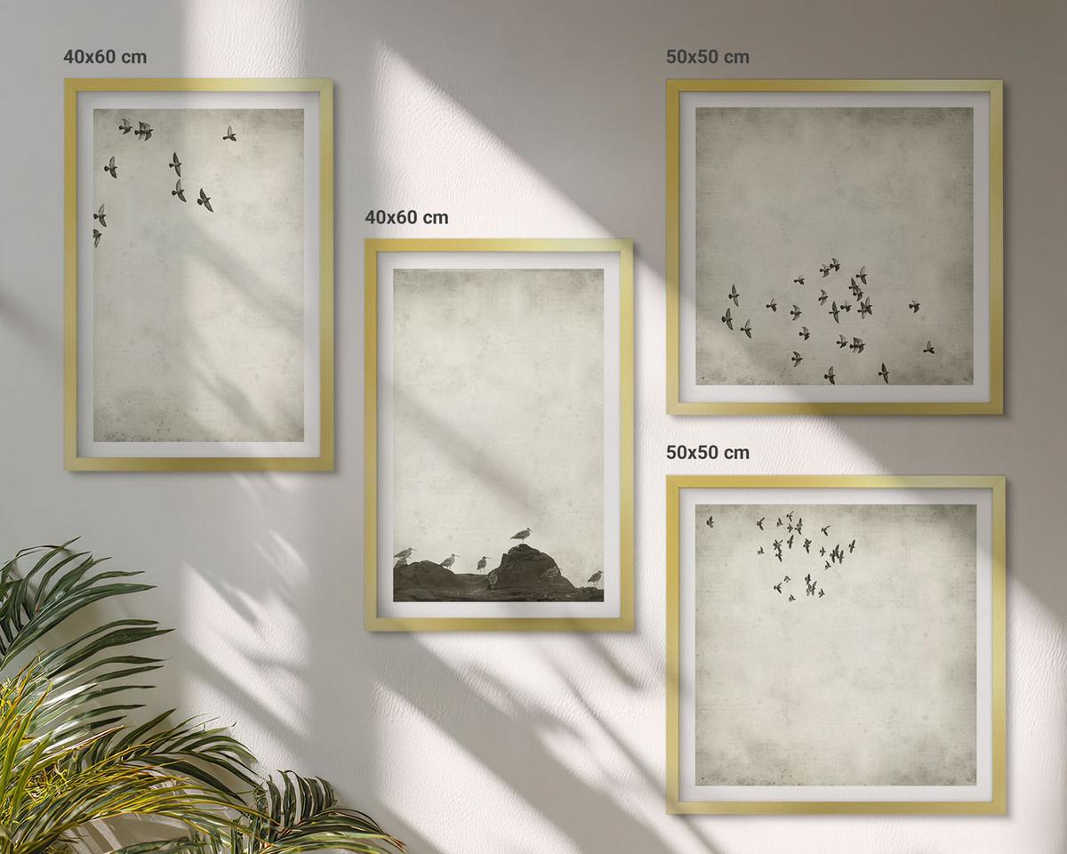 BILDER SET 4er Set - 50x50 cm & 40x60 cm Goldrahmen - Minimalistische Vogelmalerei - Goldfarben, Kunststoff (50/50cm) - TULUP
