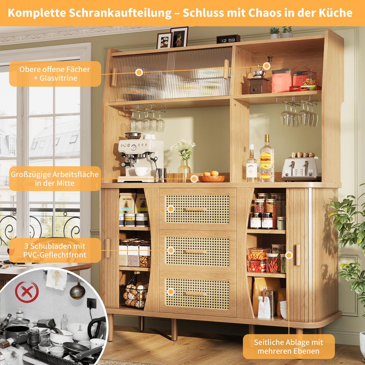BUFFETSCHRANK Holzoptik mit Rattan & Glasschiebetüren, 140x174,5cm, Küchenschrank - Naturfarben, Holzwerkstoff (140/174.5/40.5cm) - Urban Meuble