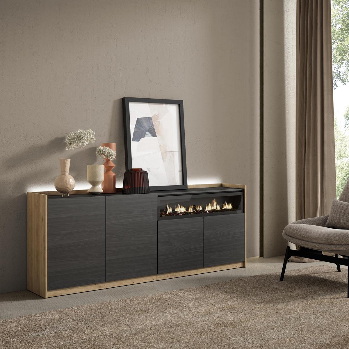 SIDEBOARD, Schwarz und Eiche, 207/37/80cm, Kamin mit Feuereffekt - Schwarz, Holzwerkstoff (207/80/37cm) - Skraut Home