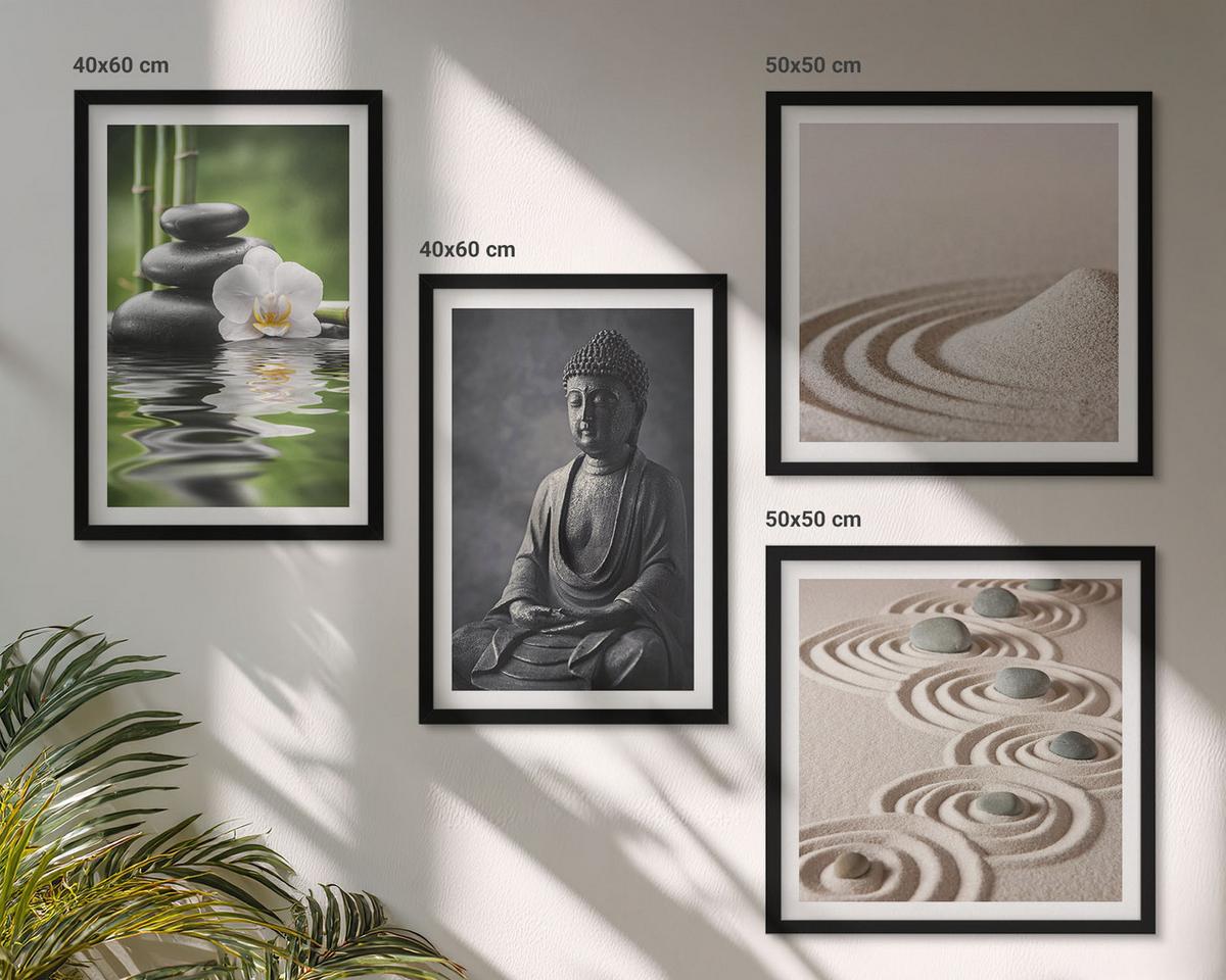 BILDER SET 4er Set - 50x50 cm & 40x60 cm Schwarzer Rahmen - Ein entspannter Buddha am Strand - Schwarz, Kunststoff (50/50cm) - TULUP